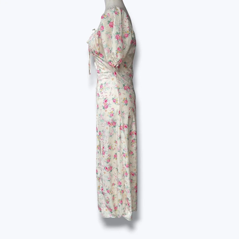 Cottagecore Floral Milkmaid Maxi Dress Puff Sleeve Square Neck Cream M Spring